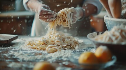 Homemade pasta preparation, flour-covered kitchen, family recipe