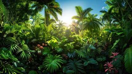 Lush Tropical Rainforest with Sunlight Filtering Through Dense Green Foliage and Vibrant Plants