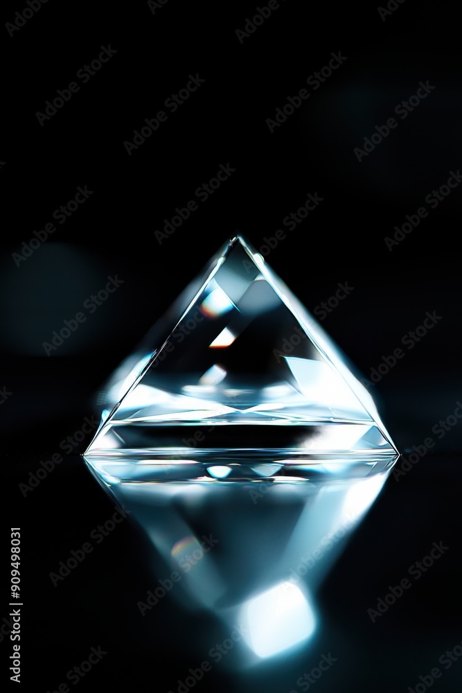 Poster close-up of a single geometric octahedron, featuring sharp vertices and a reflective surface, agains