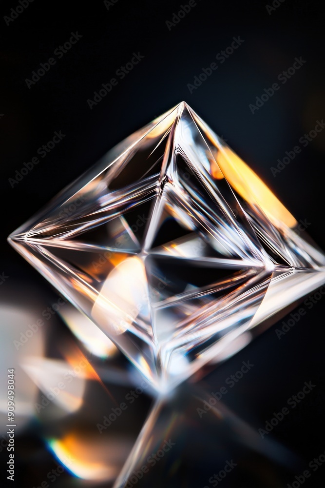 Poster close-up of a single geometric octahedron, featuring sharp vertices and a reflective surface, agains