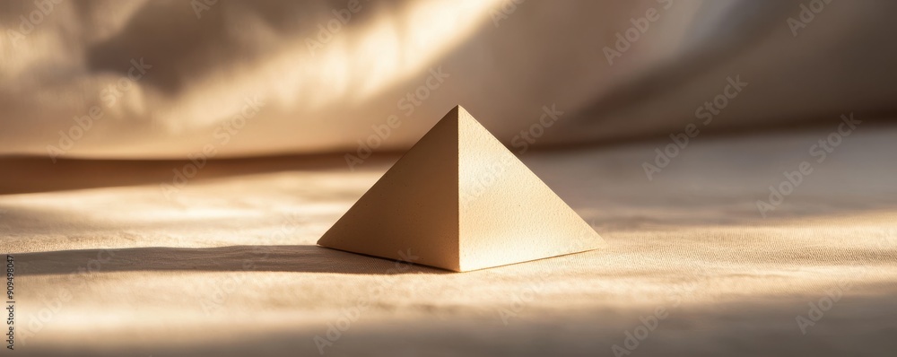 Poster close-up of a single geometric pyramid, with smooth surfaces and sharp angles, casting shadows on a 