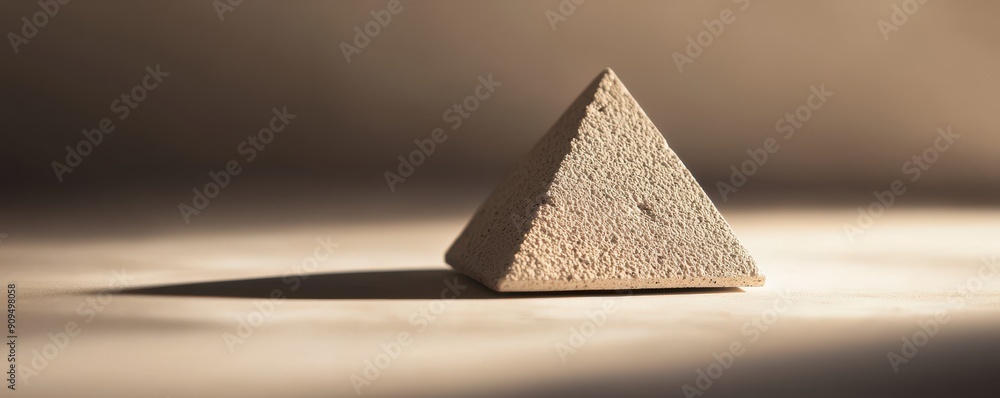 Poster close-up of a single geometric pyramid, with smooth surfaces and sharp angles, casting shadows on a 