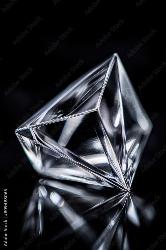 Poster close-up of a single geometric octahedron, featuring sharp vertices and a reflective surface, agains
