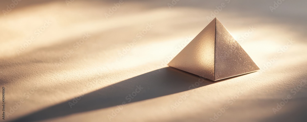 Poster close-up of a single geometric pyramid, with smooth surfaces and sharp angles, casting shadows on a 