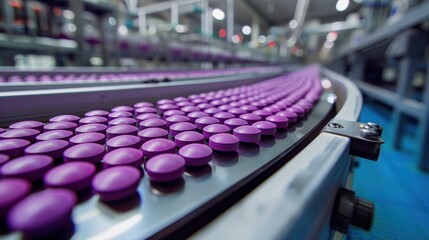 Obraz premium Automated Pharmaceutical Production Line with Purple Pills on Conveyor Belt in Modern Factory