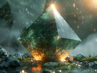 a green pyramid shaped object with light coming out of it