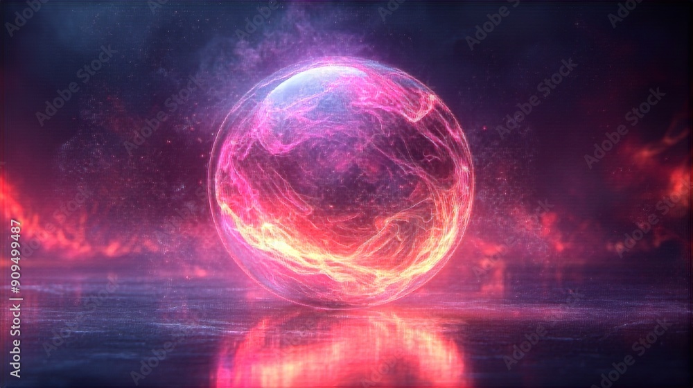 Poster glowing orb with abstract swirls and reflections in a digital space