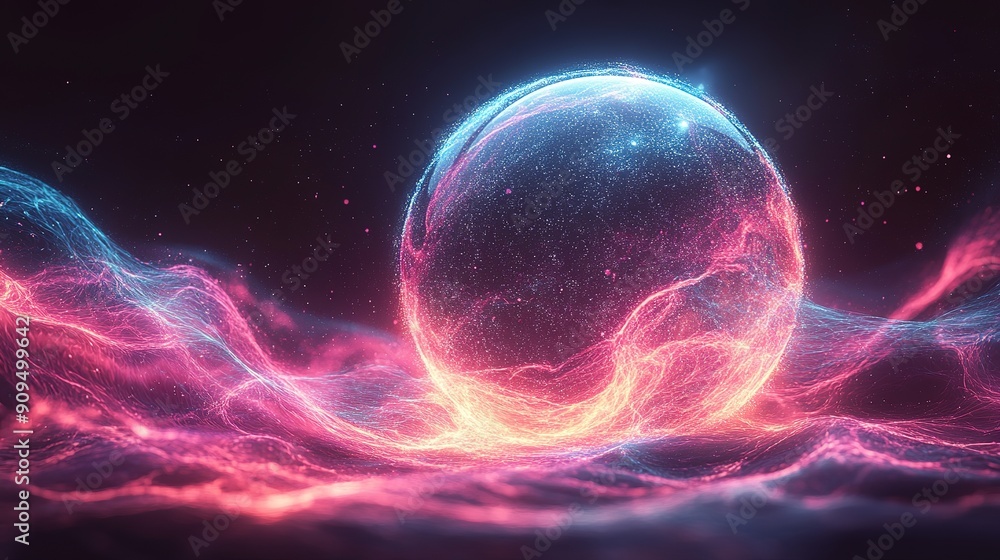 Poster Glowing Orb in a Field of Interconnected Particles