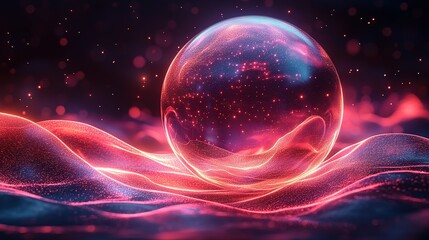 A Glowing Orb Suspended Above Wavy, Red Abstract Surface