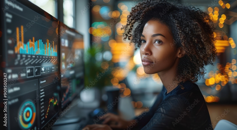 Poster woman working with data on computer