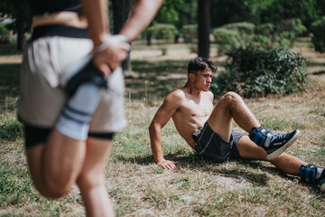 Two fitness enthusiasts engage in outdoor exercise and stretching routines during summertime in a lush, green park environment.