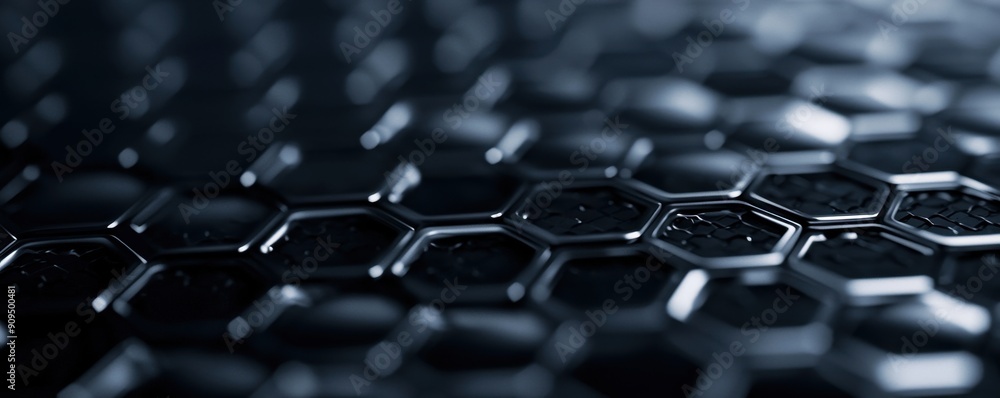 Poster detailed shot of a single hexagonal geometric shape, with intricate patterns and metallic texture, i