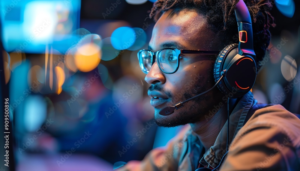 Poster technical support specialist using laptop for customer service, global network connection, internet 