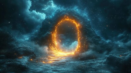 A fiery portal in a rocky landscape under a starry night sky