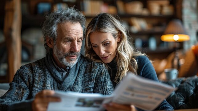 A couple reviewing their home insurance policy, comfortable living room