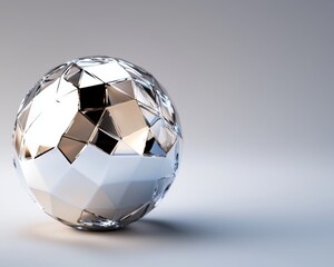 Naklejka premium Macro view of a geometric sphere with faceted surfaces, displaying a blend of reflective and matte finishes, against a plain background