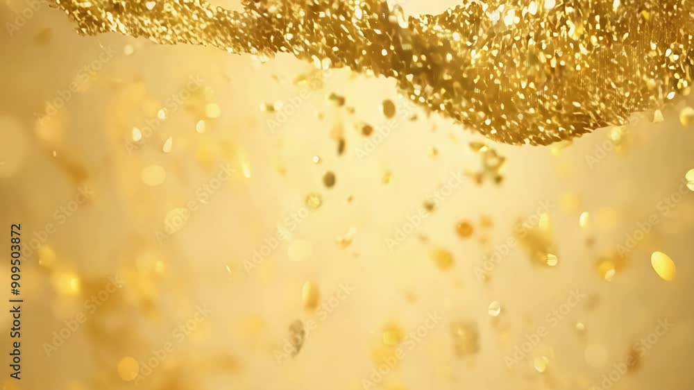 Poster golden sparkles cascade softly in a warmly lit space, creating a festive atmosphere as daylight fade