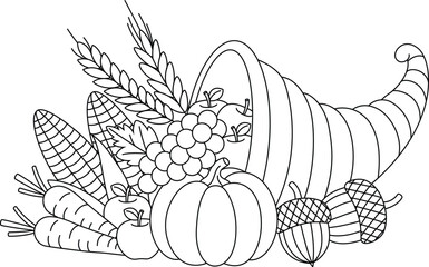Cornucopia Filled with Fruits and Vegetables outline coloring page. Thanksgiving hand drawn colouring