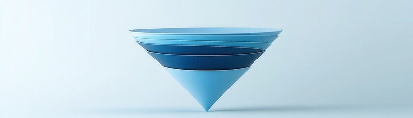 Minimalist 3D funnel chart with a sleek design, various shades of blue, isolated on a white background