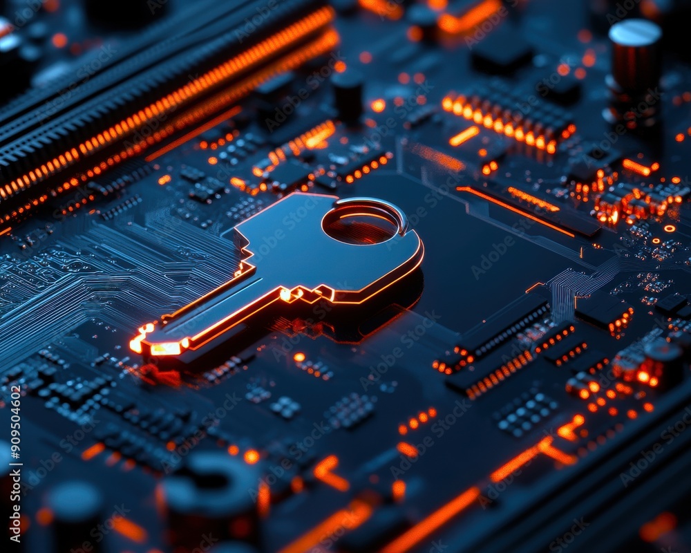 Poster modern 3d digital key floating above a motherboard, representing encryption, on a dark background