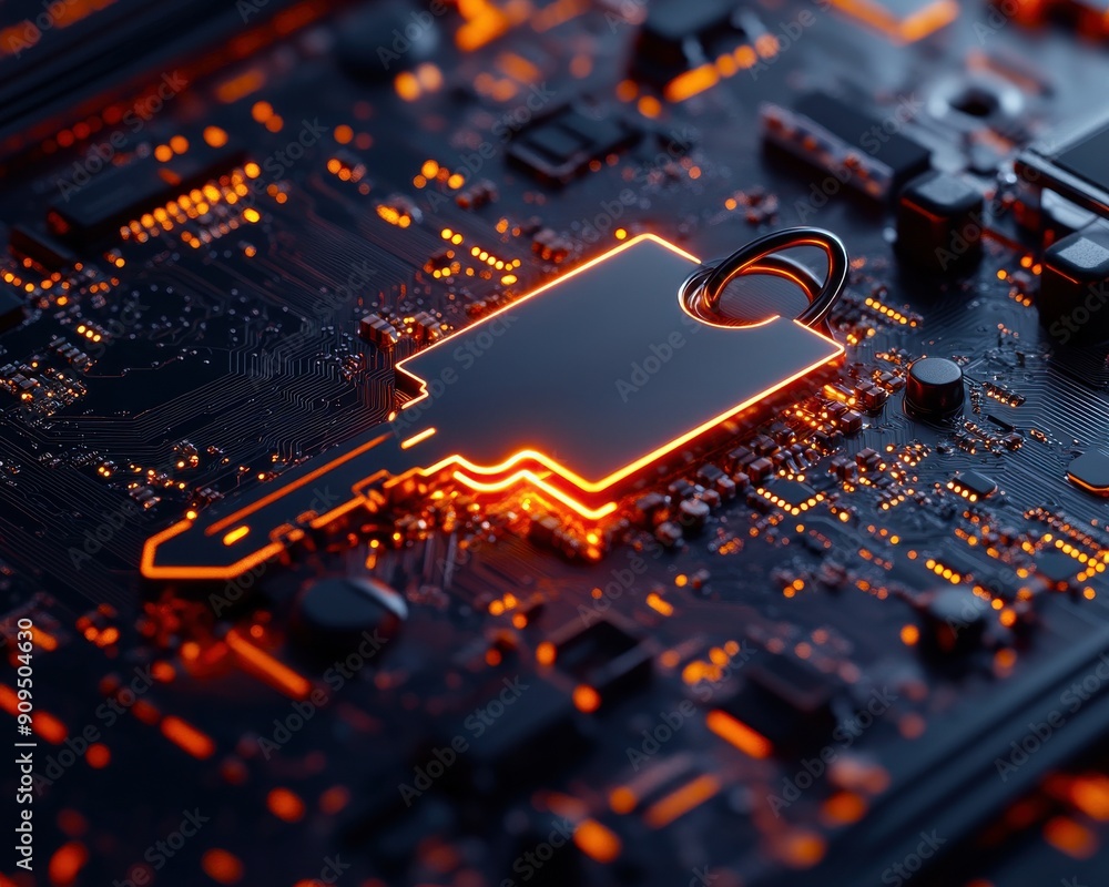 Poster modern 3d digital key floating above a motherboard, representing encryption, on a dark background