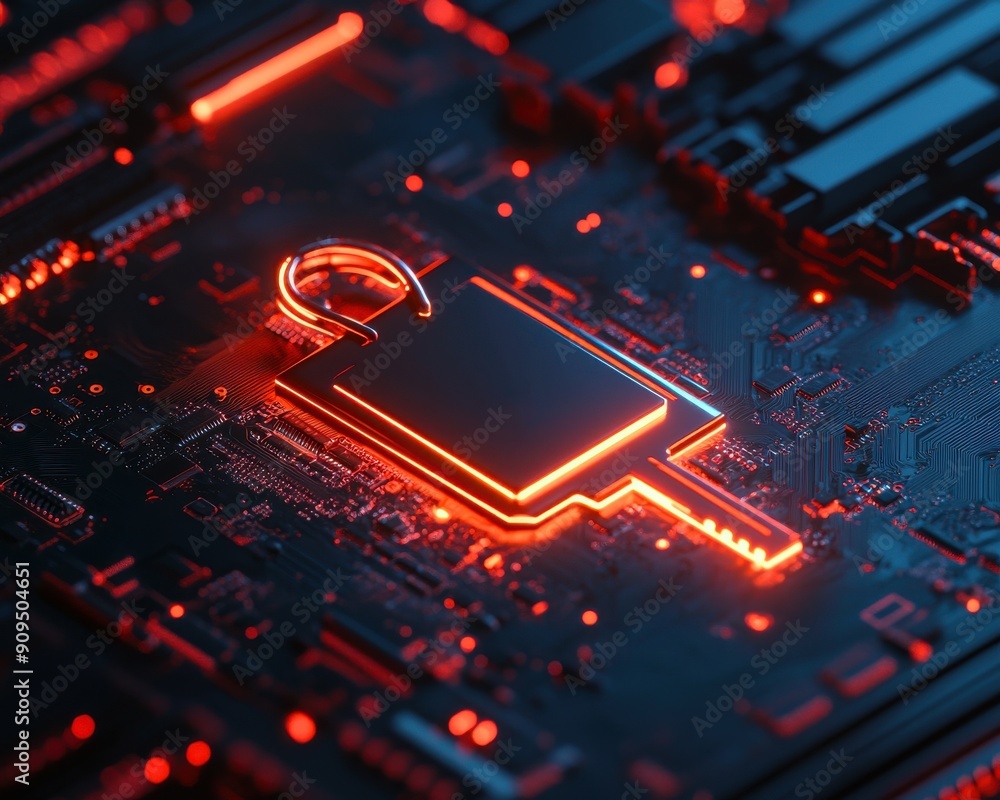 Poster modern 3d digital key floating above a motherboard, representing encryption, on a dark background