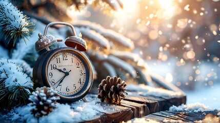 Alarm clock on wooden board just before the winter beginning