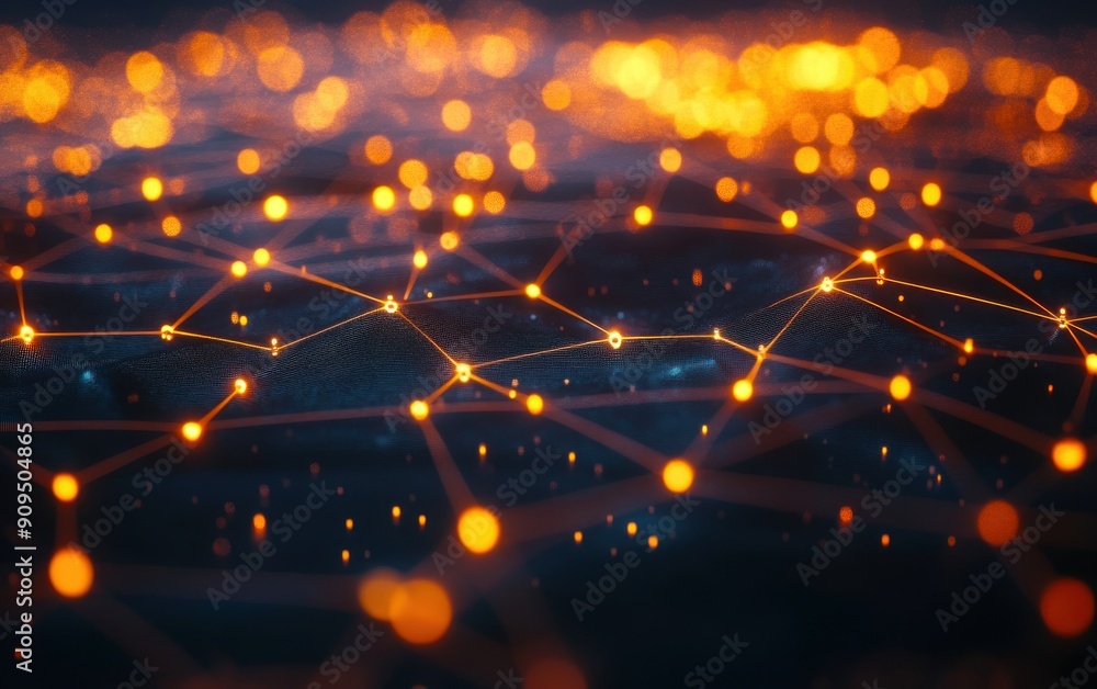 Poster modern 3d technology scene with interconnected nodes and glowing lines, on an abstract background