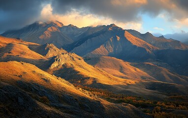 Obraz premium Morning light casting a golden glow over a mountain range, highlighting the natural beauty of the landscape