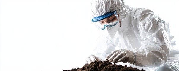 Scientist in protective gear analyzing soil samples in a laboratory setting, with white background and space for text