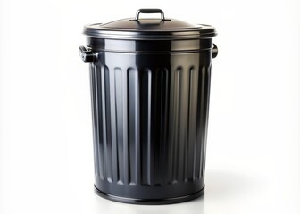 An empty, metallic black garbage can with a hinged lid standing upright on a clean, isolated white background, waiting for waste disposal.