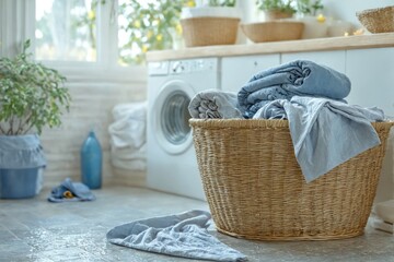 Obraz premium Laundry room washing machine basket folded blue towels a laundry