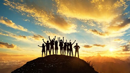 Group people standing top mountain their hands raised World Yout