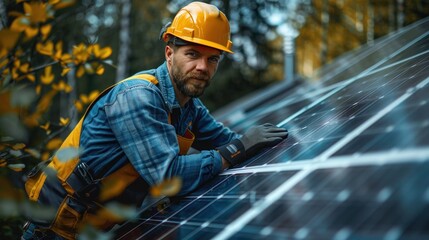 Obraz premium Renewable Energy Installation: Solar Power Engineer Installing Panels with Electrical Technician on Rooftop for Green Energy Generation