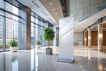 Fototapeta premium Modern interior of an elegant building features a sleek hallway with a professional pull-up banner mockup stand awaiting custom advertising or marketing message display.
