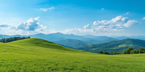 Landscape portrait of emerald green rolling hills with a forest off in the distance, blue sky and white puffy clouds in the background over mountains