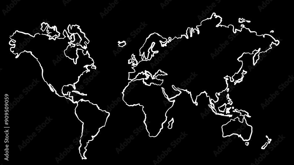 Poster animated self-drawing 2d world map in line art, with white lines forming the map outline against a b