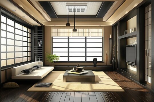 Modern living room with Japanese zen interior design: serene and minimalist aesthetic creates a tranquil home atmosphere.