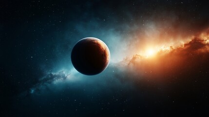 Obraz premium Cosmic Dance: A solitary planet bathed in the ethereal glow of a distant nebula, its surface shrouded in mystery, evokes a sense of wonder and the vastness of space.