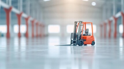 A red forklift in an empty warehouse, ready for work.