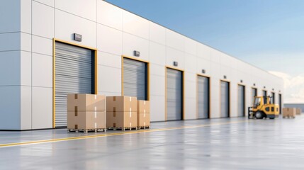 Obraz premium Modern warehouse exterior with forklift, cargo, and loading docks.
