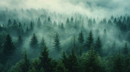Mystical Fir Forest Landscape in Vintage Retro Style