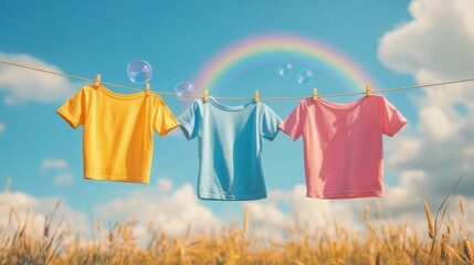 Colorful T-Shirt Drying on a Large Field with Soap Bubbles and Rainbow Under Blue Sky