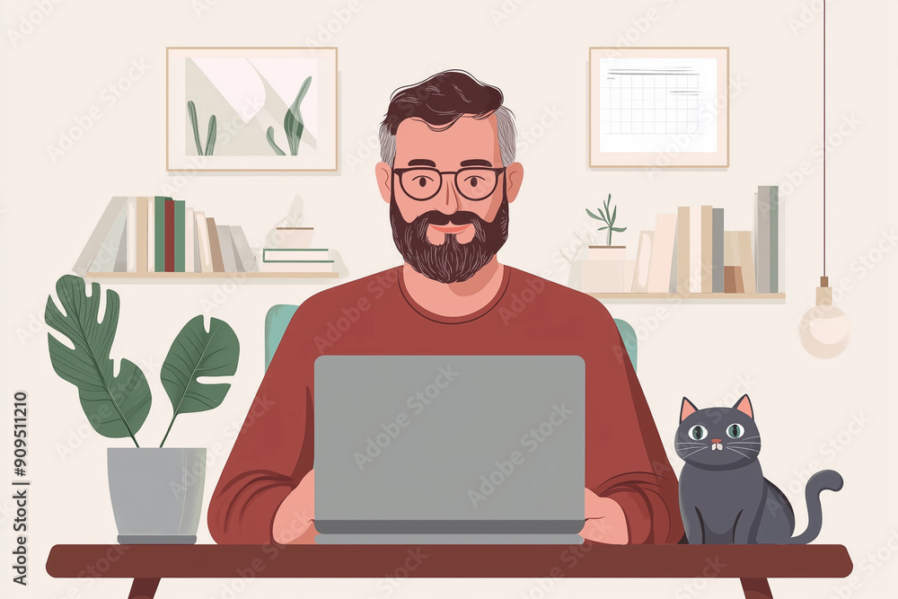 Aufkleber man is sitting at a desk with a cat on his lap and a laptop in front of him. he is wearing glasses a