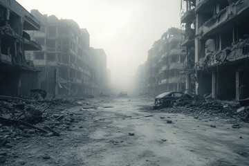 A dystopian and desolate urban landscape with crumbling buildings and streets, rubble and fog in the background. Generative AI