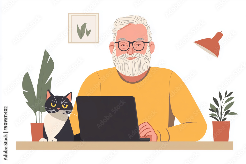 Aufkleber man is sitting at a desk with a cat on his lap and a laptop in front of him. he is wearing glasses a