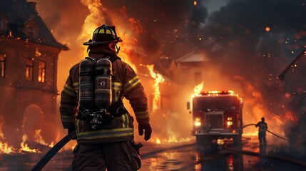 Obraz premium A firefighter character in full gear, holding a hose, with a fire truck and burning building in the background