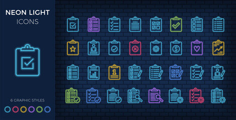 Line icons with clipboard, neon light style, brick wall background - check list, report, survey, questionnaire, vector eps10 illustration