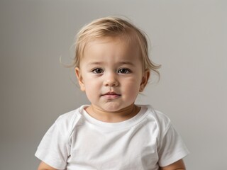 Fototapeta premium Mockup of a baby wearing white t shirt on isolated white background