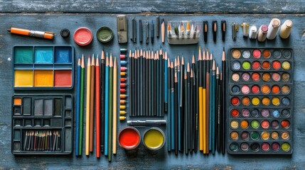 Naklejka premium Assorted Art Supplies on Wooden Background: Colored Pencils, Paints, Brushes, and Crayons